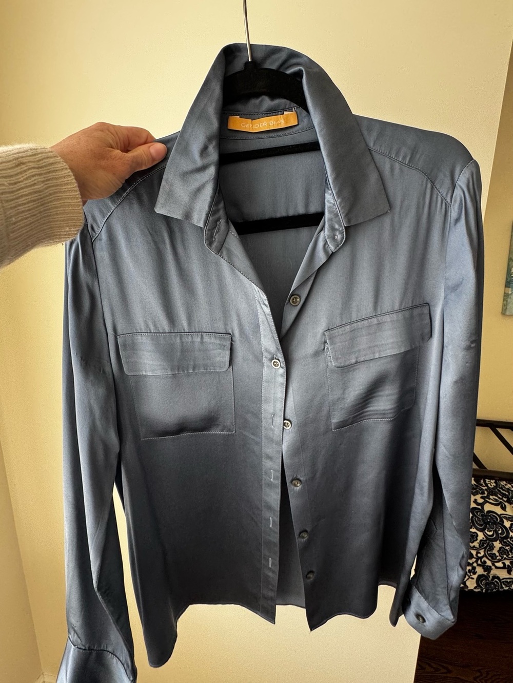 Silk-Blend Slate Blue Button-Front Blouse